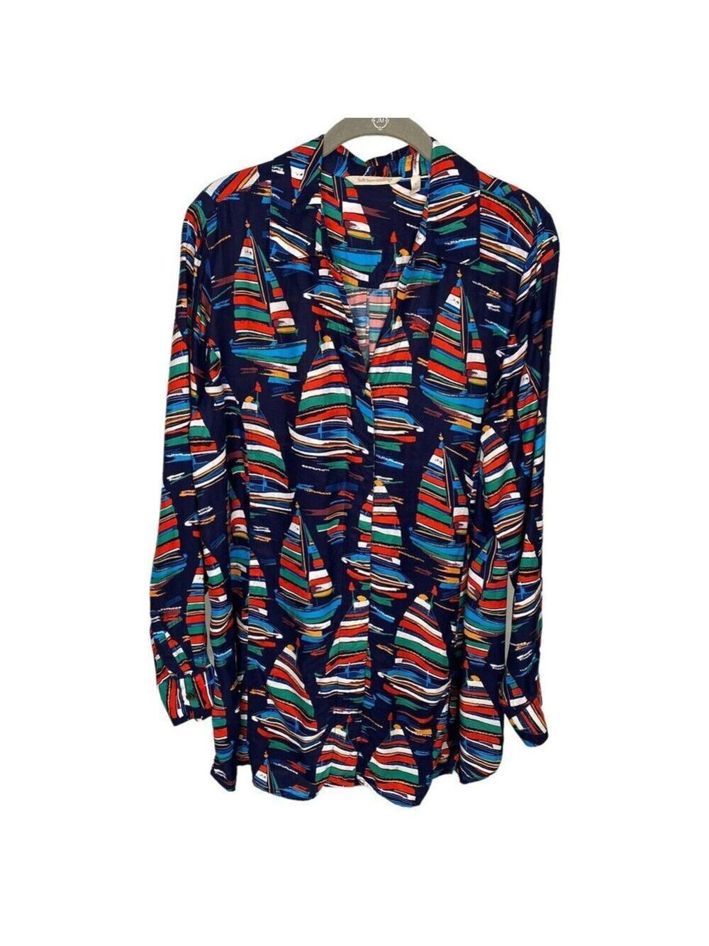 Soft Surroundings Navy Sailboat Print Tunic Top L Cupro V-Neck Button Front